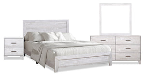 Ensemble de chambre à coucher Arbor 6 pièces bois de grève blanc avec lit à panneaux, commode, miroir et table de nuit - format très grand lit