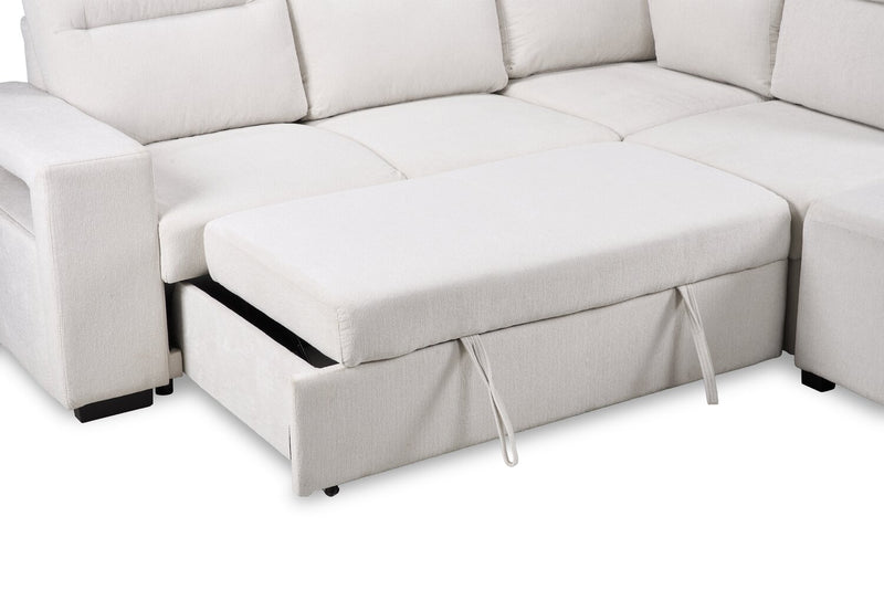 Sofa-lit sectionnel de droite Coast 3 pièces en tissu blanc ivoire avec fauteuil long de rangement et accoudoir de rangement