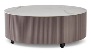 Table à café ronde moderne Circa de 31,5 po avec dessus en pierre frittée blanche, rangement et roulettes - taupe-gris