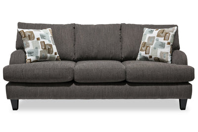 Made in Canada Nofia 80" Chenille Fabric Sofa with Two Accent Pillows and Wood Legs - Charcoal Grey | Sofa Nofia de 80 po fabriqué au Canada en tissu de chenille avec 2 coussins décoratifs et pattes en bois - gris anthracite