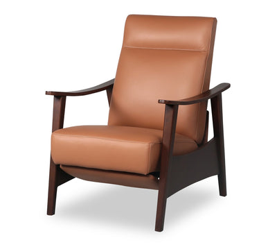 Aydin 27.5" Genuine Leather Pushback Reclining Accent Chair with Wood Armrests and Legs - Camel Orange | Fauteuil d’appoint à inclinaison par poussée Aydin de 27,5 po en cuir véritable avec accoudoirs et pattes en bois - orange chameau
