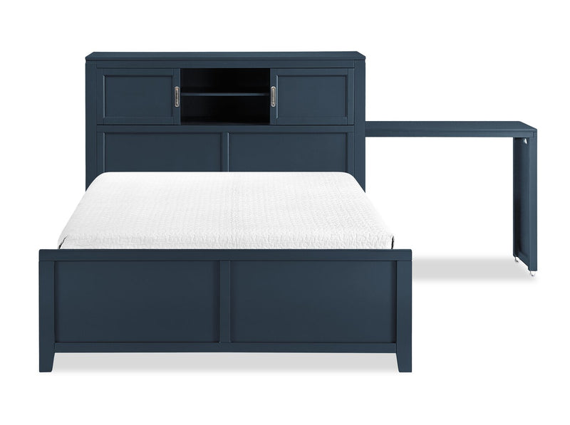 Lit plateforme Quinn avec tête de lit bibliothèque, bureau intégré et tabouret, bleu - format lit double