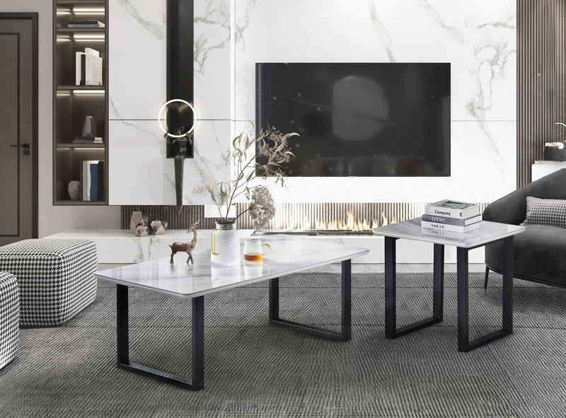 Table à café moderne Serena de 47,25 po - blanche et noire avec imitation de marbre