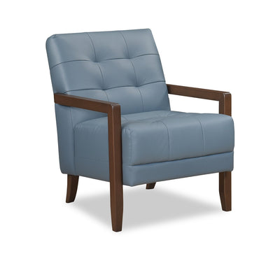 Enzo 26" Genuine Leather Accent Chair with Biscuit Tufting, Track Arms and Wood Legs - Blue | Fauteuil d’appoint Enzo de 26 po en cuir véritable avec capitonnage en biscuit, accoudoirs rectilignes et pattes en bois - bleu