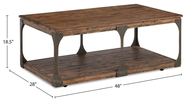 Table à café industrielle Albany de 48 po en pin avec tablette et roulettes - bourbon