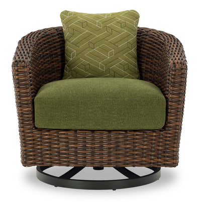 Tofino Outdoor Patio Swivel Chair - Resin Wicker, UV & Weather Resistant - Green/Brown/Black | Fauteuil pivotant Tofino pour la terrasse à l’extérieur - osier en résine, résistant aux rayons UV et aux intempéries - vert, brun et noir