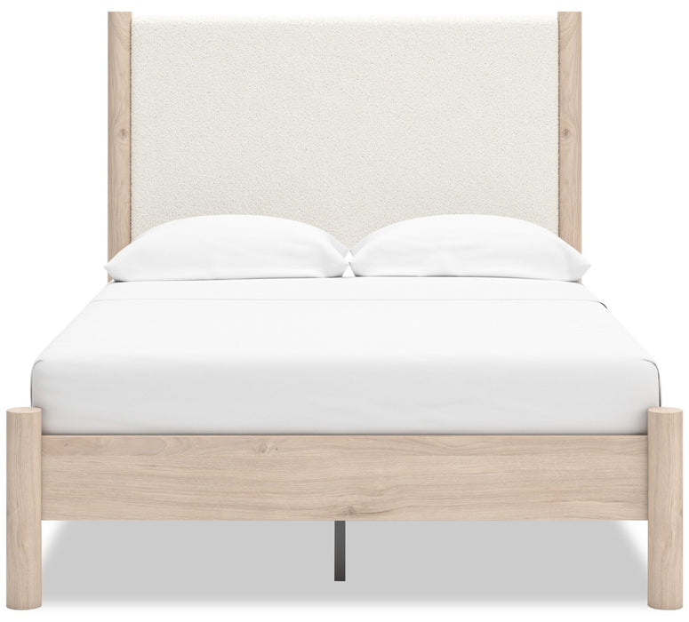 Ensemble de chambre à coucher Jolie 5 pièces avec lit en tissu bouclé, commode et miroir, naturel - format lit double
