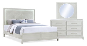 Ensemble de chambre à coucher Vida 5 pièces sable avec lit à panneaux, commode et miroir - format très grand lit