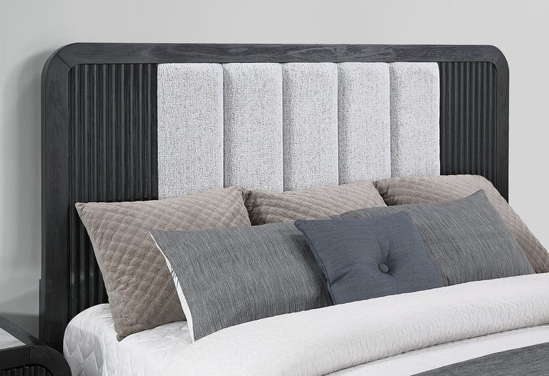 Lit à panneaux moderne Kaleo noir avec tête de lit, cadre de lit, éclairage à DEL et panneaux en tissu - format très grand lit