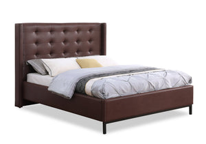 Lit plateforme rembourré Hugo en tissu de cuir végétalien brun avec capitonnage - format très grand lit
