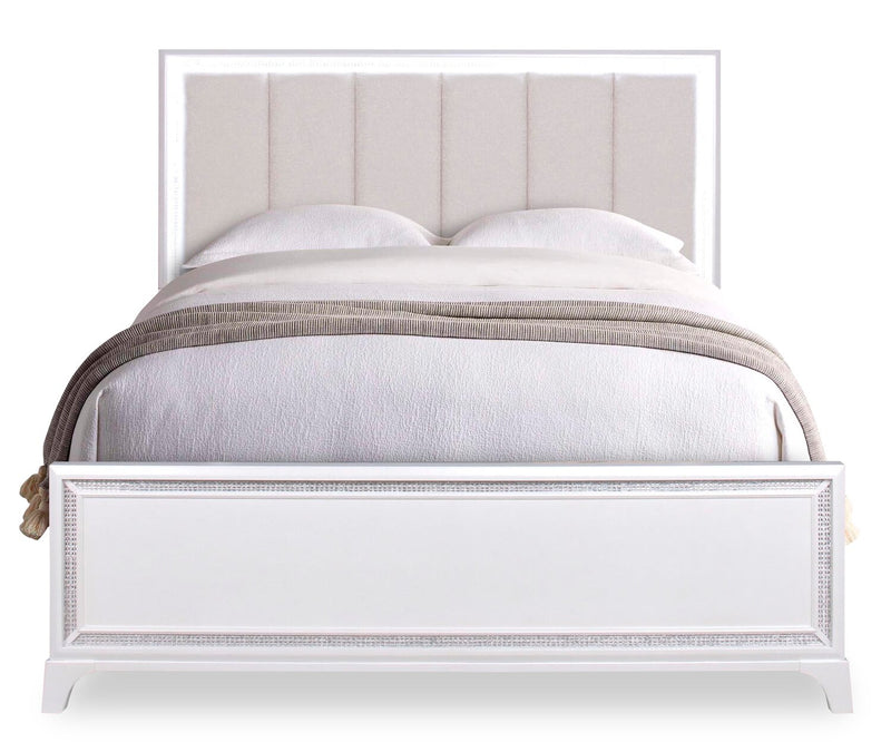 Ensemble de chambre à coucher Halo 5 pièces somptueux avec lit, commode, miroir et éclairage à DEL, blanc - format grand lit