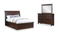 Ensemble de chambre à coucher Sonoma 5 pièces avec lit de rangement, commode et miroir, brun manguier - format lit double