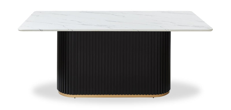 Table de salle à manger Capri de Kort & Co. de 72 po (L) avec dessus en imitation de marbre, touches dorées et base piédestal - noire et blanche