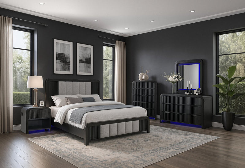 Ensemble de chambre à coucher moderne Kaleo noir 6 pièces avec lit, commode, miroir, table de nuit et éclairage à DEL - format très grand lit