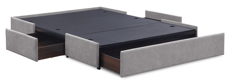 Lit de rangement Amos rembourré en tissu gris avec tête de lit capitonnée et 3 tiroirs intégrés - format lit double