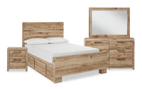 Ensemble de chambre à coucher Derekson 6 pièces naturel avec lit de rangement latéral, commode, miroir et table de nuit - format très grand lit