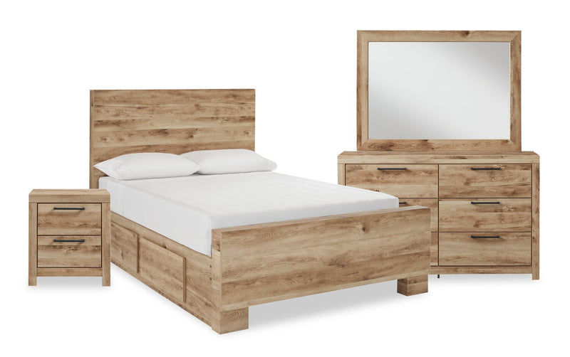 Ensemble de chambre à coucher Derekson 6 pièces naturel avec lit de rangement latéral, commode, miroir et table de nuit - format très grand lit