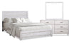 Ensemble de chambre à coucher Arbor 5 pièces bois de grève blanc avec lit à panneaux, commode et miroir - format très grand lit