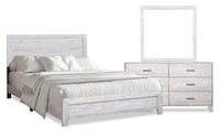  Ensemble de chambre à coucher Arbor 5 pièces bois de grève blanc avec lit à panneaux, commode et miroir - format très grand lit