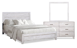 Ensemble de chambre à coucher Arbor 5 pièces bois de grève blanc avec lit à panneaux, commode et miroir - format très grand lit