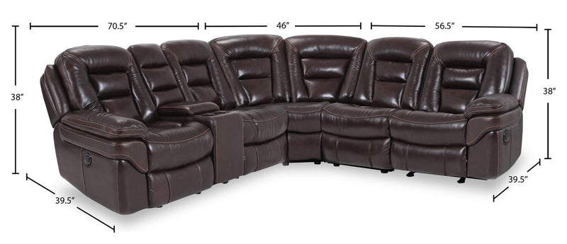 Sofa sectionnel à inclinaison électrique Leo 6 pièces en cuir véritable avec console de rangement et 2 porte-gobelets - brun noyer