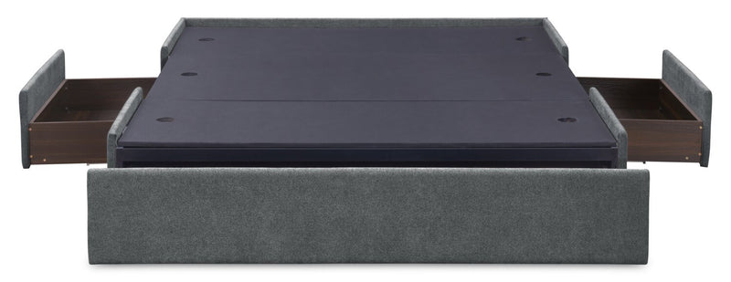 Lit de rangement Amos rembourré en tissu anthracite avec tête de lit capitonnée et 3 tiroirs intégrés - format lit double