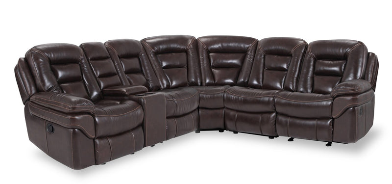 Sofa sectionnel inclinable Leo 6 pièces en cuir véritable avec console de rangement et 2 porte-gobelets - brun noyer