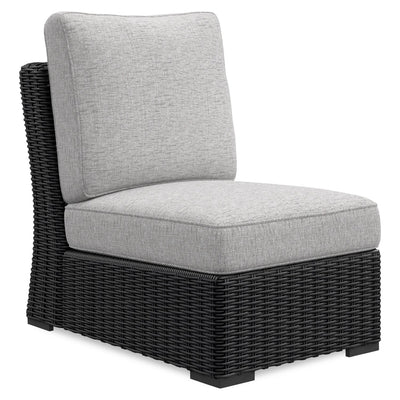 Jasper Outdoor Patio Armless Chair - Resin Wicker, Nuvella Fabric, UV & Weather Resistant - Grey/Black | Fauteuil sans accoudoirs Jasper pour la terrasse à l’extérieur - osier en résine, tissu Nuvella