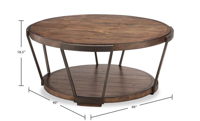 Table à café industrielle ronde Cheney 40 po en bois massif avec tablette et roulettes - bourbon