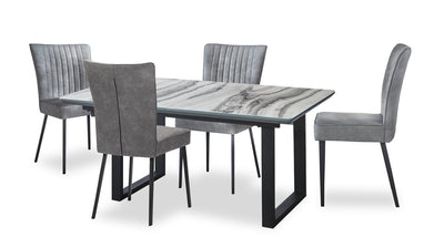 Ezra 5pc Dining Package with 63-79"W Extension Table & 4 Chairs - Faux White Marble & Grey | Ensemble de salle à manger Ezra 5 pièces avec table qui s’allonge de 63 po à 79 po (L) et 4 chaises - imitation de marbre blanc et gris