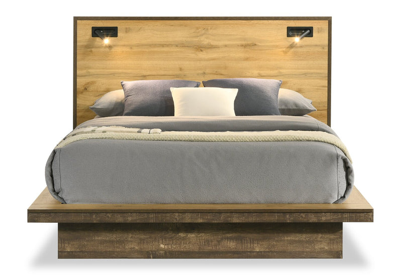 Ensemble de chambre à coucher Silas 6 pièces brun rustique avec lit plateforme, commode, miroir, table de nuit et éclairage à DEL - format lit double