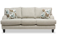  Sofa Nofia de 80 po fabriqué au Canada en tissu de chenille avec 2 coussins décoratifs et pattes en bois - beige lin