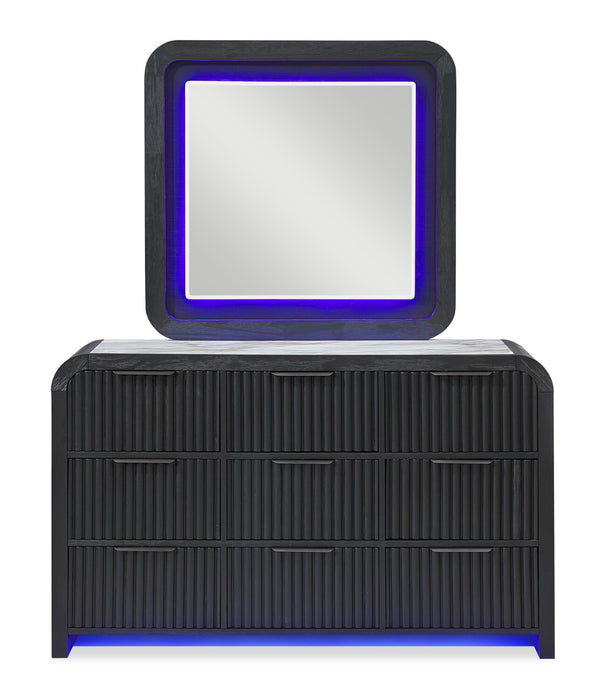 Ensemble de chambre à coucher moderne Kaleo noir 6 pièces avec lit, commode, miroir, table de nuit et éclairage à DEL - format très grand lit