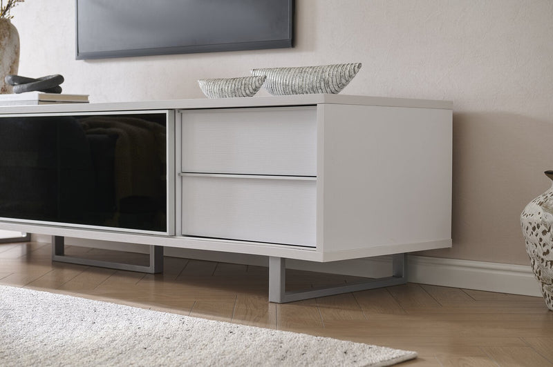 Meuble pour téléviseur moderne Amelia de 89 po x 22 po avec rangement et système de gestion des câbles pour téléviseurs jusqu’à 100 po - deux teintes, blanc et noir