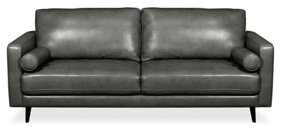 Edge 86" Genuine Leather Sofa with Wood Legs and Removable Back Cushions - Grey | Sofa Edge de 86 po en cuir véritable avec pattes en bois et coussins de dossier amovibles - gris