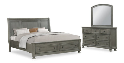 Chelsea 5pc Bedroom Set with Storage Bed, Dresser & Mirror, Grey - King Size | Ensemble de chambre à coucher Chelsea 5 pièces gris avec lit de rangement, commode et miroir - format très grand lit