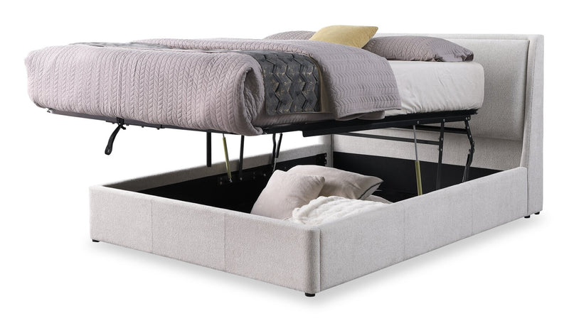 Lit plateforme rembourré Nico en tissu de polyester Taupe avec rangement et levage hydraulique - format très grand lit