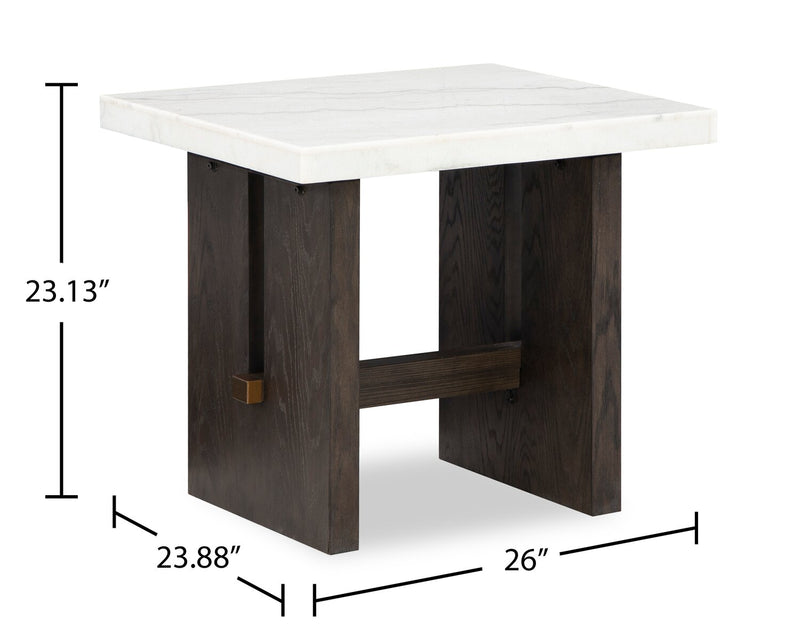 Table de bout Warwick de 26 po en bois massif et en marbre - blanche et chêne brun