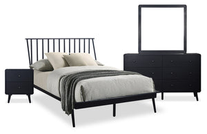 Ensemble de chambre à coucher Milan 6 pièces de style moderne du milieu du 20e siècle avec lit, commode, miroir et table de nuit, noir - lit double