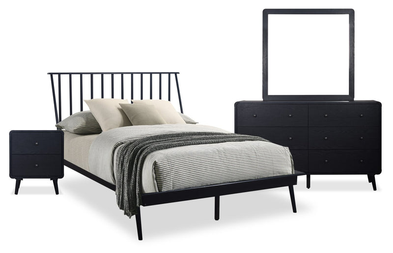 Ensemble de chambre à coucher Milan 6 pièces de style moderne du milieu du 20e siècle avec lit, commode, miroir et table de nuit, noir - lit double