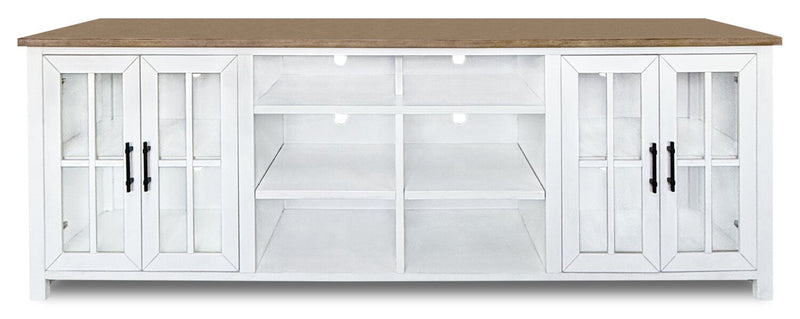 Meuble pour téléviseur moderne Sterling de 95.83 po avec rangement et système de gestion des câbles pour téléviseurs jusqu’à 100 po - brun et blanc