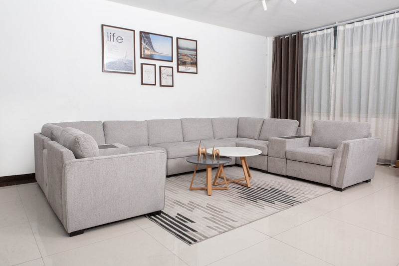 Sofa sectionnel Vault 9 pièces avec causeuse-lit, 4 fauteuils de rangement et console de rangement avec USB - gris