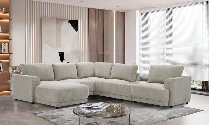 Sofa sectionnel modulaire de gauche Voyage 6 pièces en tissu avec console et coussins de dossier amovibles - beige