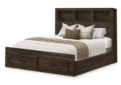 Ethan Storage Bed with Bookcase Headboard, Rustic Brown - Queen Size | Lit de rangement Ethan brun rustique avec tête de lit bibliothèque - format grand lit