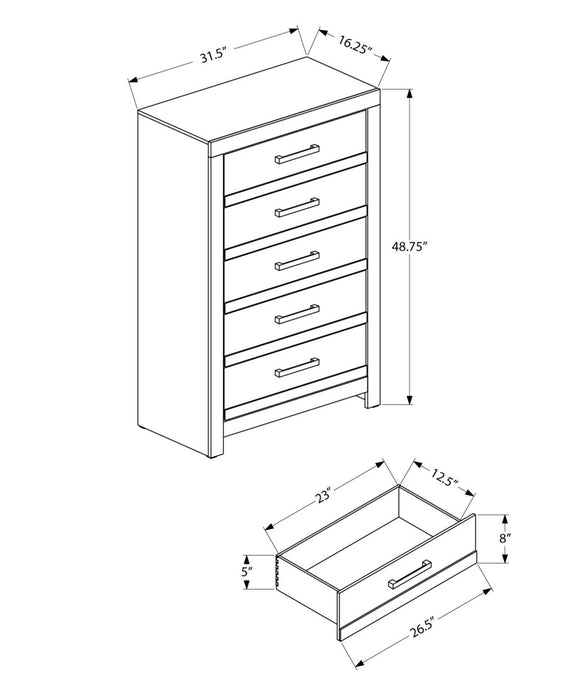 Commode verticale de chambre à coucher Aspen de 32 po (L) x 49 po (H) à 5 tiroirs - grise