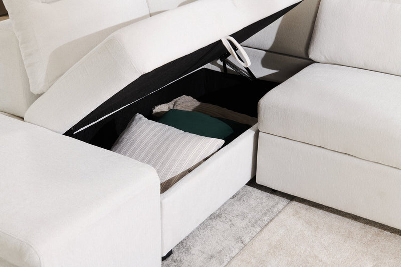 Sofa-lit sectionnel de gauche Coast 3 pièces en tissu blanc ivoire avec fauteuil long de rangement et accoudoir de rangement