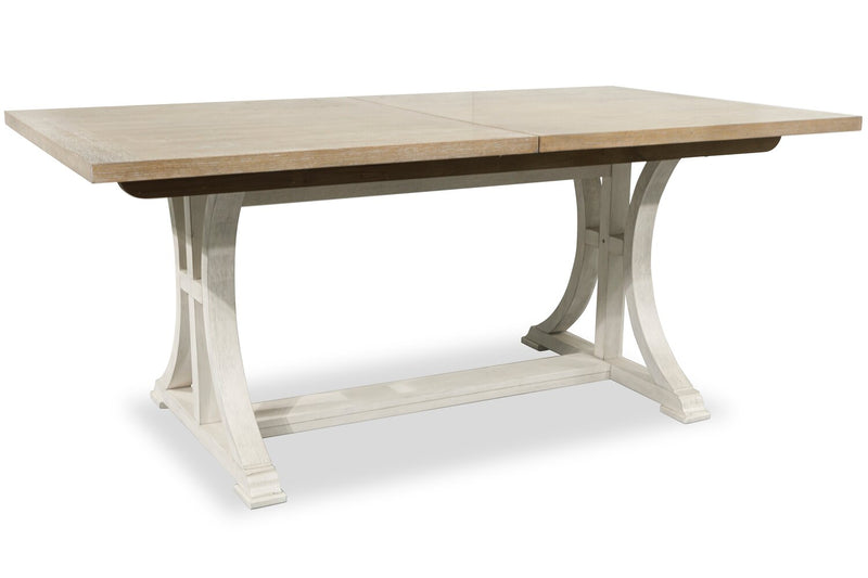 Ensemble de salle à manger Quill 7 pièces avec table de 72 po à 90 po (L), base à tréteaux et 6 chaises - blanc antique et brun