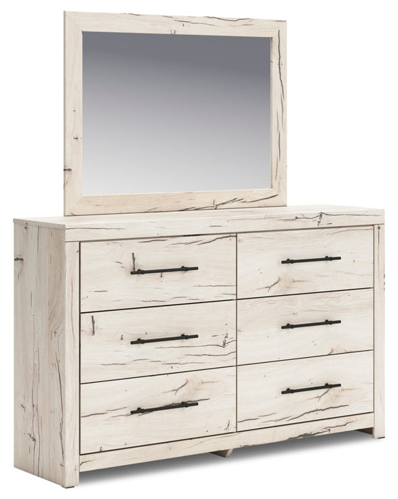 Ensemble de chambre à coucher Derekson 5 pièces blanc rustique avec lit à panneaux, commode et miroir - format lit double