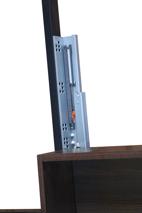 Lit de rangement Amos rembourré en tissu anthracite avec tête de lit à canaux et 3 tiroirs intégrés - format lit double