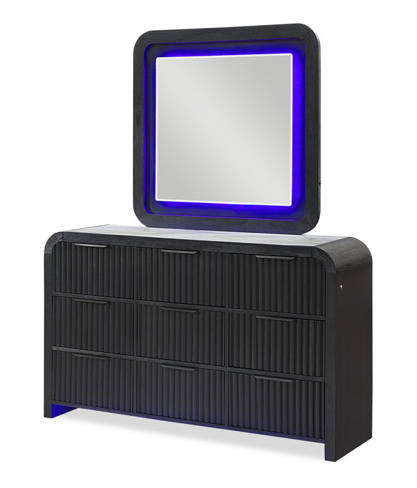 Commode de chambre à coucher cannelée moderne Kaleo de 58,5 po (L) x 17,5 po (H) à 9 tiroirs avec éclairage à DEL - noire